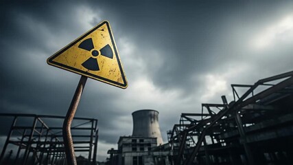 A nuclear hazard sign near a damaged nuclear plant for the concept of danger and environmental disaster.