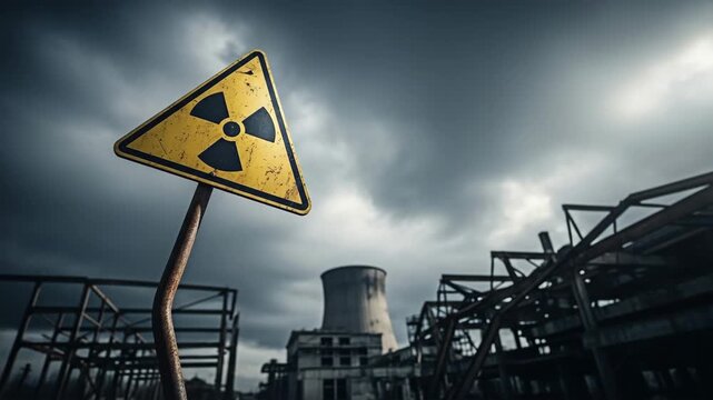 A nuclear hazard sign near a damaged nuclear plant for the concept of danger and environmental disaster.