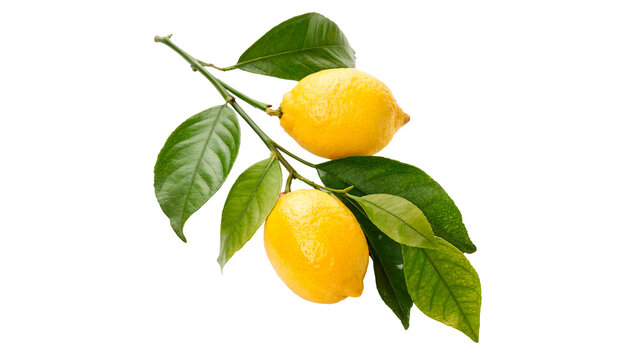 Lemons grow on a branch with green leaves against in a close-up view on a transparent background.
