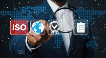 ISO Compliance Concept: Businessman Verifying Global Standards for Quality Management with Digital Interface Overlay