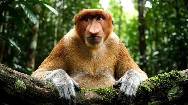 Proboscis monkey sitting on a mossy tree branch in a lush green tropical rainforest