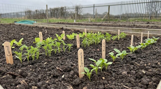 Rows of young vegetable seedlings growing in fertile garden soil with identifying markers
