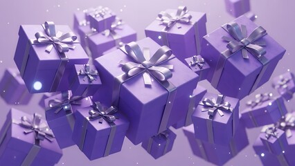 Purple Gift Boxes Floating and Falling, Festive Celebration