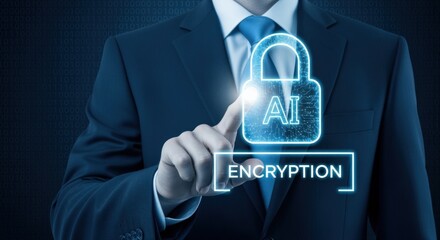 AI Encryption Concept: Businessman Activating Security System Interface, Data Protection and Cybersecurity on Touchscreen