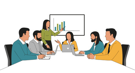 Business presentation with three people, a woman presenting a chart, and two men at a table with laptops and paper, simple illustration.