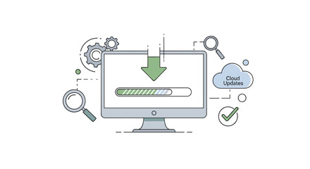 Computer screen with magnifying glass, gears, and loading bar, in a line art style with green and gray accents on white background.
