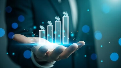 Businessman holding a glowing 3D bar chart with percentage signs representing growth and financial success