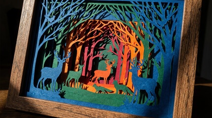 A mesmerizing paper-cut art of a forest with layered trees and animals like deer