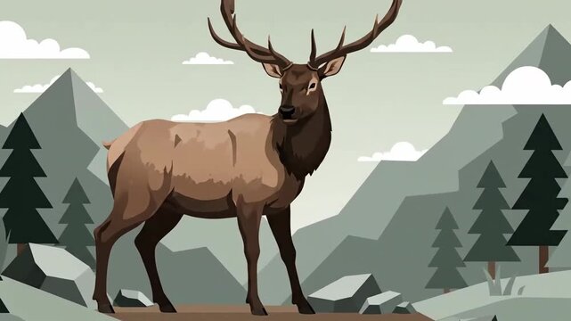 Majestic Elk Roaming Freely Through a Breathtaking Mountain Landscape Illustration Art