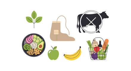 Healthy food bowl with avocado, kiwi, cucumber, and other ingredients, along with a green apple, leaves, and a brown paper bag on white background