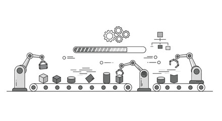 Robotic arm placing geometric shapes on a conveyor belt, with a progress bar and minimalist design in grayscale against a white background.
