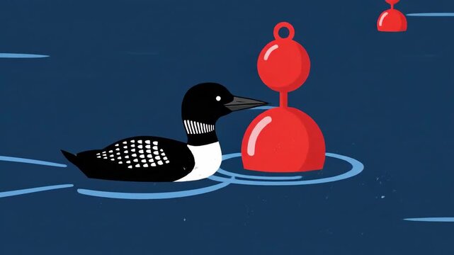Loon Swimming Animated Flat Design Style Buoy Floating On Water Surface Footage