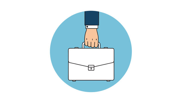 Flat style vector icon of a businessman's hand in a blue suit sleeve holding a white briefcase against a blue circular background.