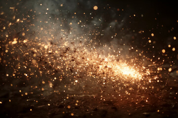 Macro view of bright golden sparkler sparks and bokeh particles flying through the air on a dark background