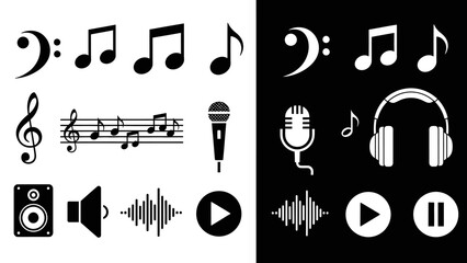 Obraz premium Music and Audio Control Icons Set with Treble Clef Notes Speaker Microphone Headphones Play Buttons, isolated white background