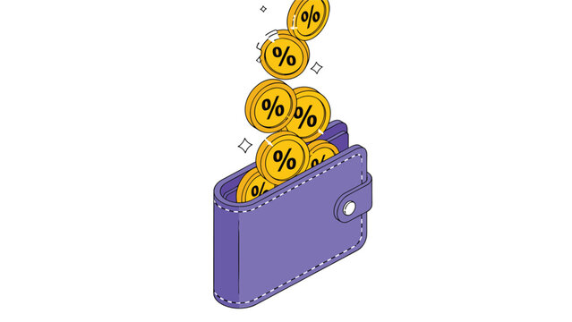 Isometric vector illustration of gold coins with percentage symbols falling into a purple wallet, symbolizing cashback or interest.