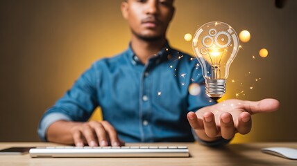 Creative Professional Holding Floating Light Bulb with Gears for Innovation and Problem Solving Concept