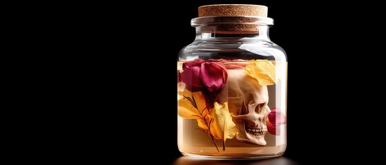 Floral photography representing the brain with a transparent glass head model filled with colorful flowers and a visible human skull shape against a clear background
