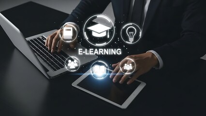 Businessman Using Laptop and Tablet for E-Learning