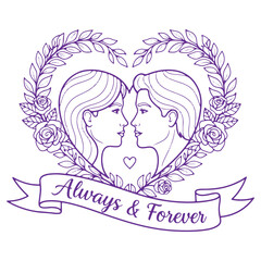 Romantic Couple Illustration with HeartShaped Wreath and Flowers Always and Forever
