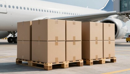Air cargo delivery at airport with packed boxes on pallets industrial environment showcasing logistics operations and transport solutions