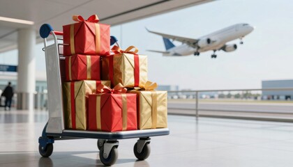 Airplane delivery of gifts at airport terminal exciting cargo scene with holiday presents and air transport in clear sky environment
