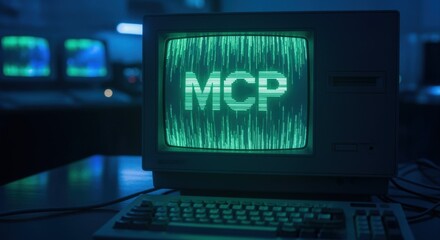 Retro Computer Displaying 'MCP' with Scanlines and CRT Monitor in Dark Room, Old Technology