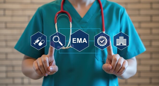 Healthcare Professional Interacting with Digital EMA Interface Showing Medical Icons for Electronic Management and Approval Process - Powered by Adobe