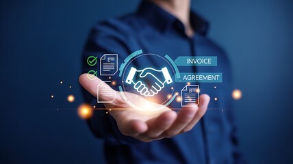 Successful Business Partnership and Digital Agreement Concept with Handshake Icon and Financial Documents