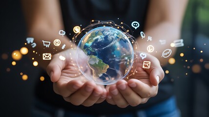Global Networking and Digital Communication Concept with Earth Globe and Social Media Icons in Hands