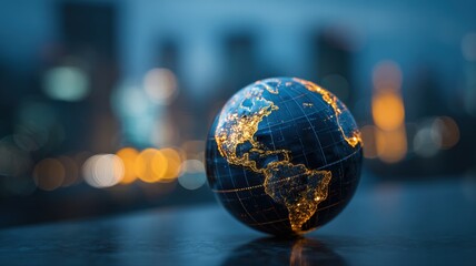 Global Connectivity: Globe with City Lights, Representing International Business, Technology, and Worldwide Communication in a Modern Setting