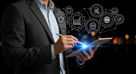 Businessman using digital tablet with quality management system, assurance standards and ISO certification symbols overlay