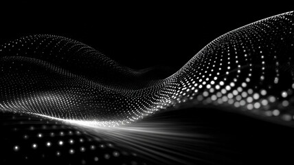 Abstract Wave of Glowing Dots on Black Background, Data Visualization and Futuristic Technology