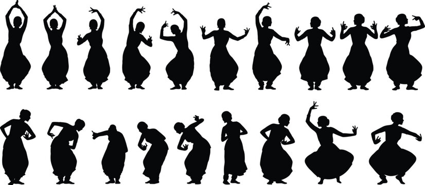 Indian dancer silhouette collection featuring black vector designs of women performing traditional bharatnatyam and kathak dance poses for cultural heritage and arts graphics.