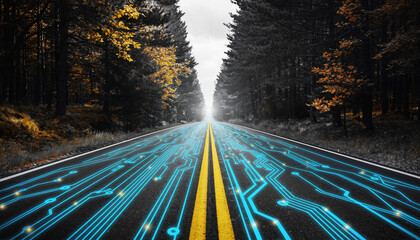 A futuristic highway with digital circuit patterns stretches through a forest with autumn foliage viewed from the center of the road.