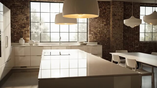 Modern kitchen interior with white furniture and brick wall background and large windows