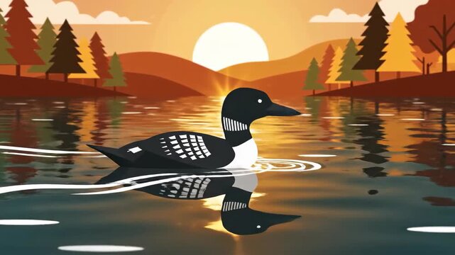 Loons Floating Peacefully On A Calm Lake At Sunset With The Majestic Mountains In The Background