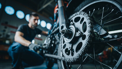 Mechanic repairing bicycle gear in a workshop
