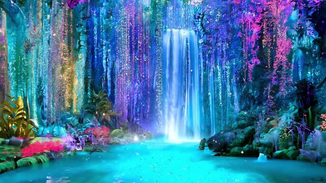 A serene waterfall cascades into a calm pool surrounded by colorful plants and glowing lights in a magical forest at dusk