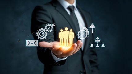 Corporate Talent Recruitment and HR Management with Businessman Holding People Icons for Strategic Staffing