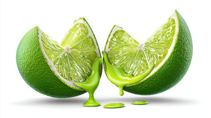 fresh lime wedge squeezing on white background with juice drip