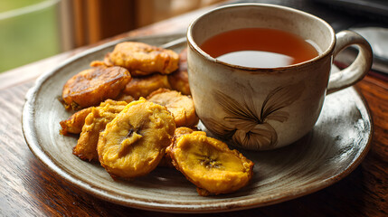 Nigerian breakfast with fried plantains and tea