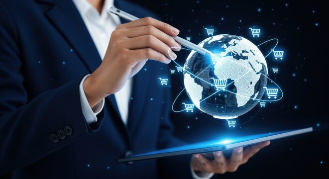 Global E-commerce Strategy: Businesswoman Navigating Online Marketplace with Tablet and Stylus for International Sales - Powered by Adobe