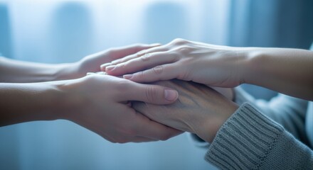Close-up of two pairs of hands tenderly intertwined, symbolizing support, comfort, and empathy during difficult times