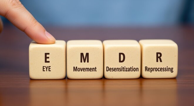 EMDR therapy concept: Eye Movement Desensitization and Reprocessing process to treat trauma, anxiety, and PTSD using blocks