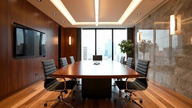 Modern office conference room with large wooden table and city view
