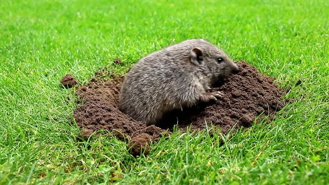 Small gopher digging a burrow in a green grassy lawn, creating a dirt mound.