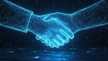 Corporate partnership innovation theme using glowing blue wireframe handshake