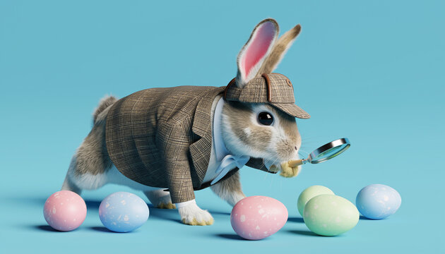 A detective rabbit investigates colorful eggs in a bright studio setting from a low angle viewpoint