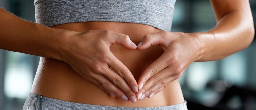 Hands make heart shape on belly expressing joy and health in sportswear during wellness activity indoors